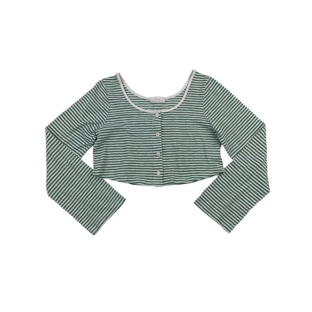 Oak + Fort - Stripped Button Up Cropped Long Sleeve Tee in Green and White